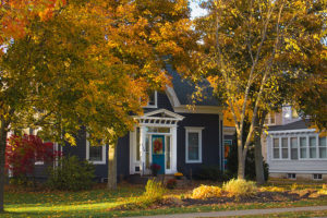 Home in the fall that has received fall lawn care services from a lawn care company in Springfield, IL.